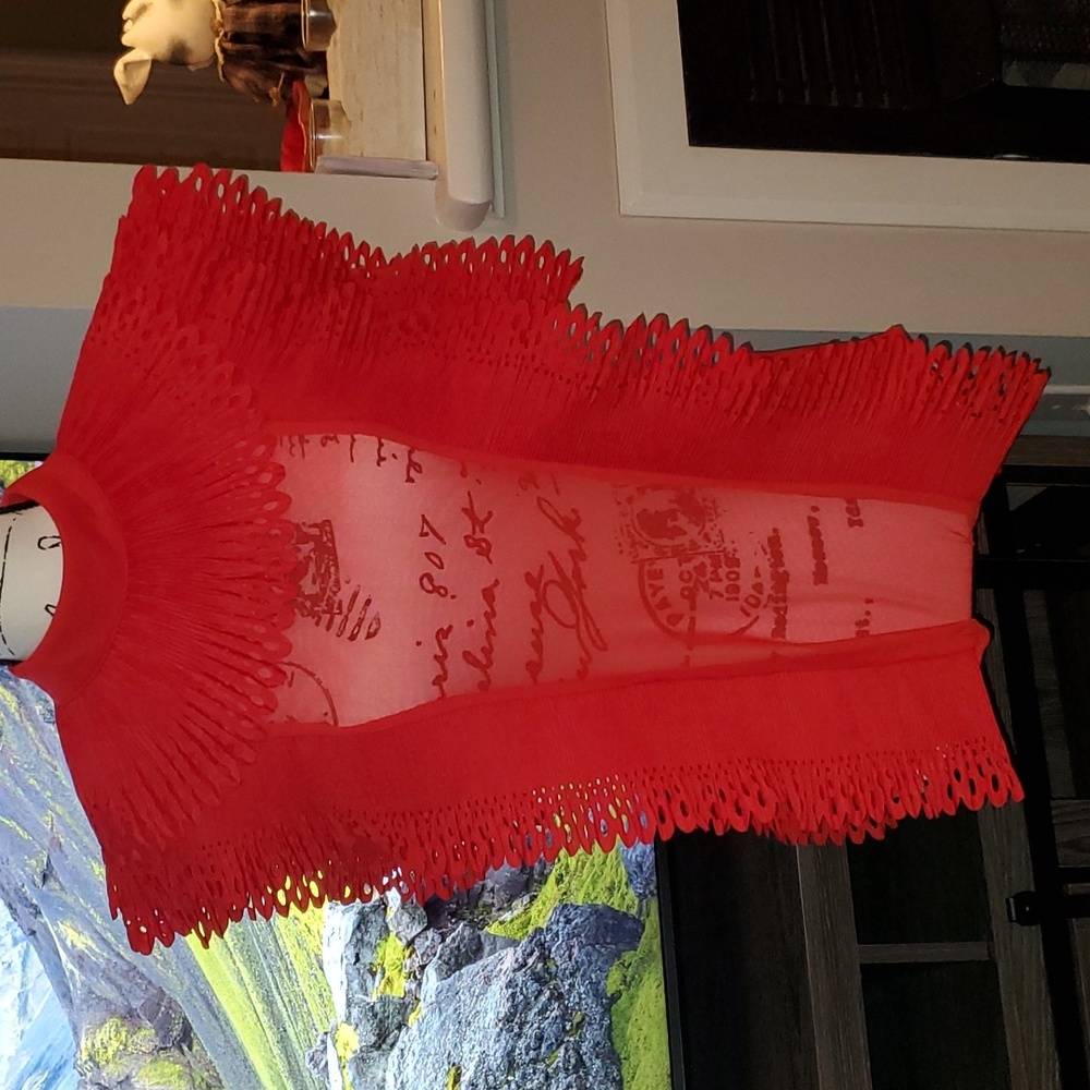 New Windsor Red Pleated Lasercut Ruffle Lace Queen Elizabeth Bodysuit Size 1X